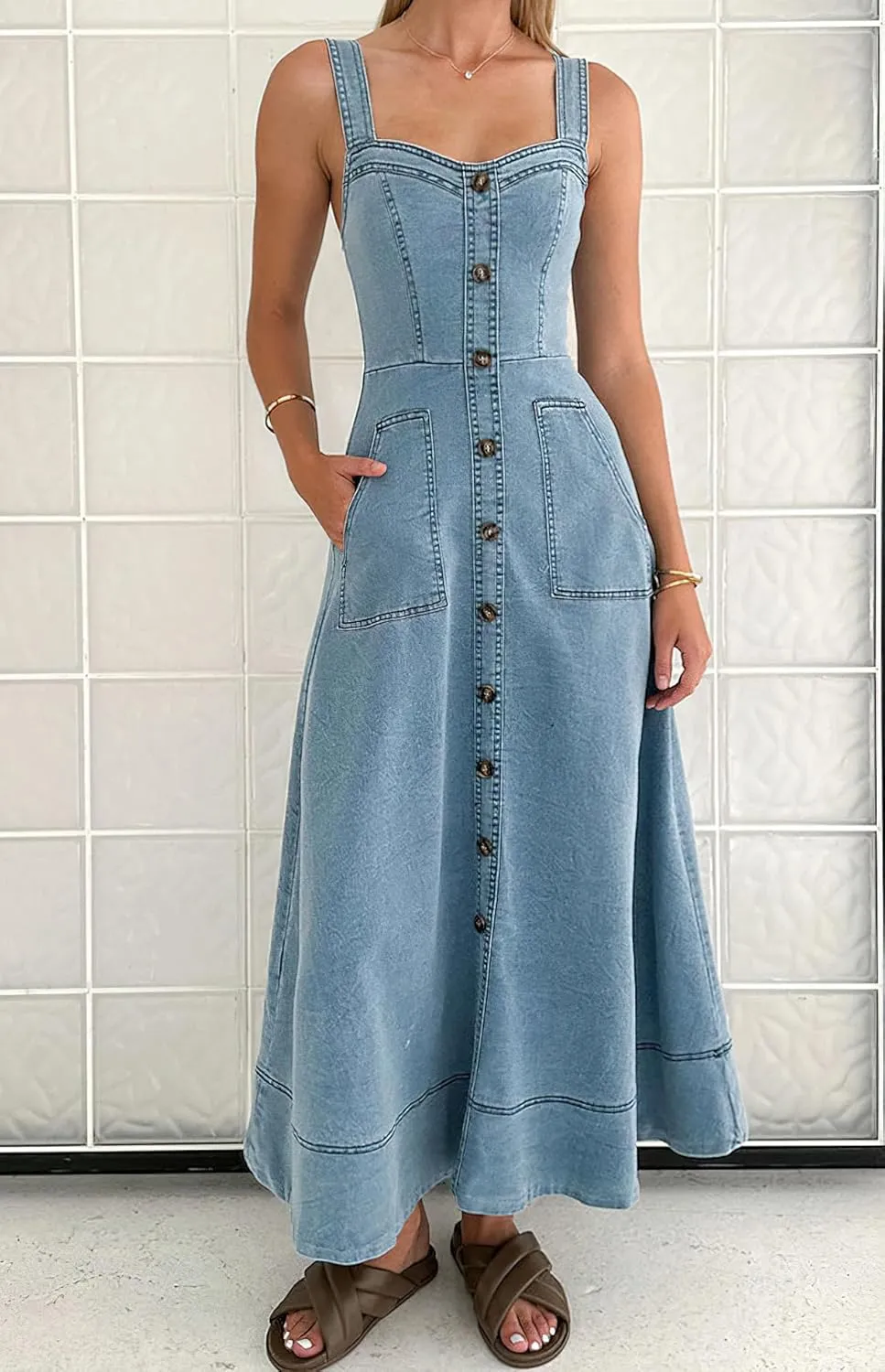 Women's Summer Adjustable Strap Midi Long Denim Dress Button Down A-Line Swing Flowy Jean Dress