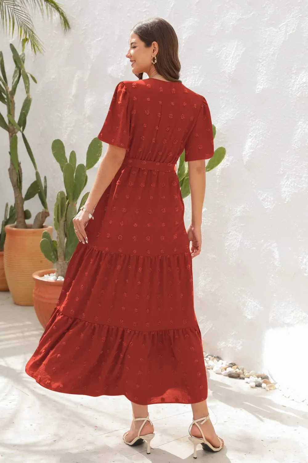 Women's Summer Boho Swiss Dot Maxi Dress Short Sleeve Wrap V Neck A Line Tiered Flowy Long Dress with Belt