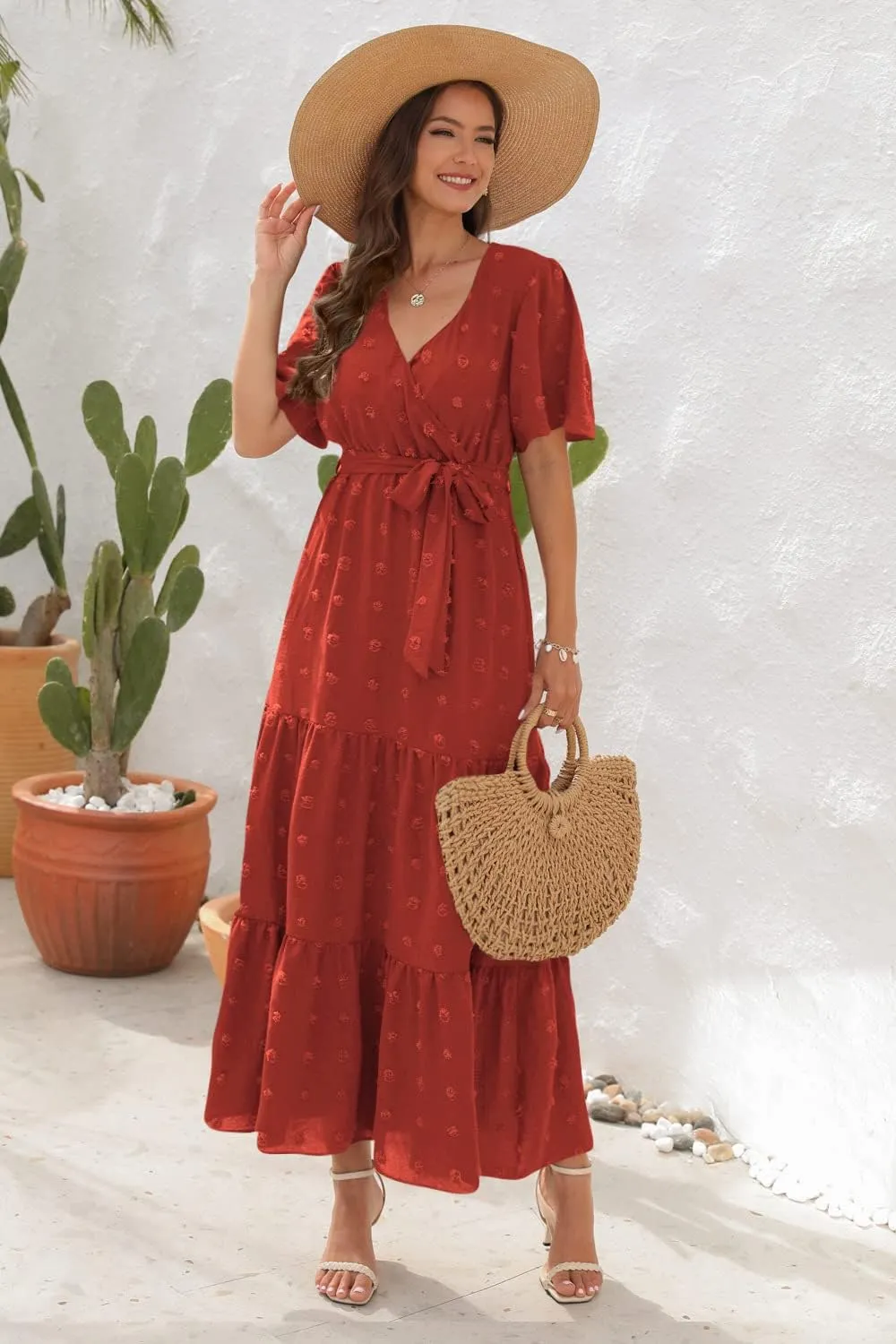 Women's Summer Boho Swiss Dot Maxi Dress Short Sleeve Wrap V Neck A Line Tiered Flowy Long Dress with Belt