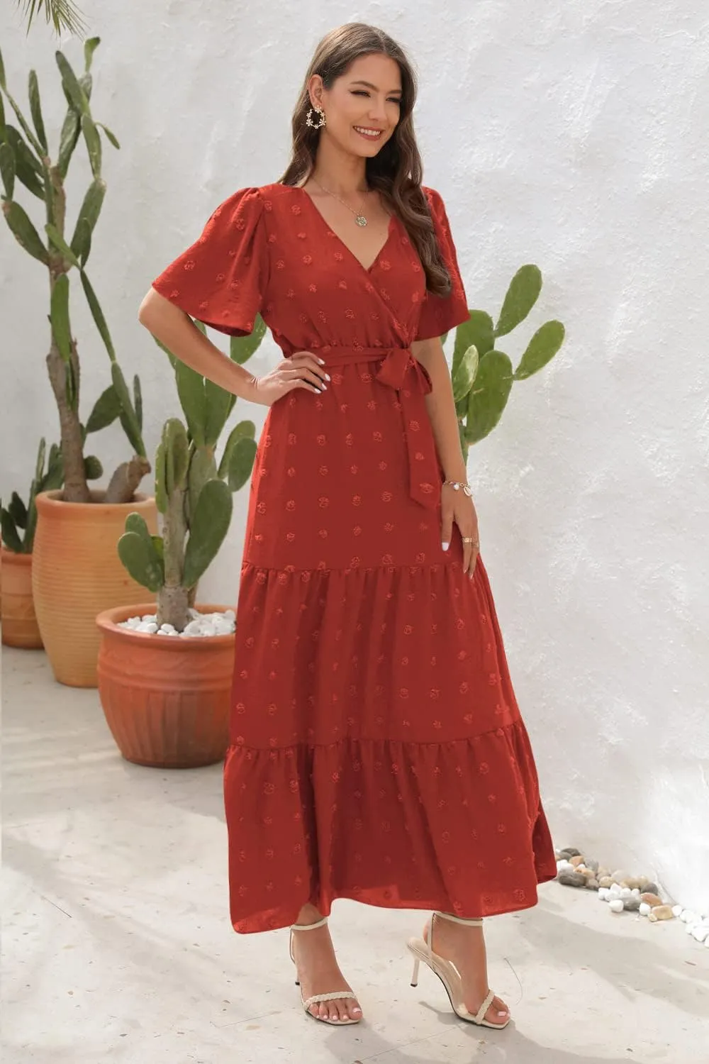 Women's Summer Boho Swiss Dot Maxi Dress Short Sleeve Wrap V Neck A Line Tiered Flowy Long Dress with Belt