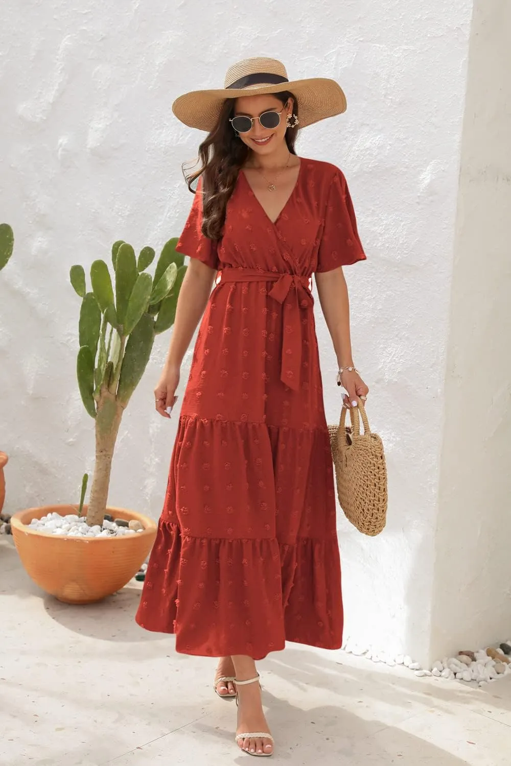 Women's Summer Boho Swiss Dot Maxi Dress Short Sleeve Wrap V Neck A Line Tiered Flowy Long Dress with Belt