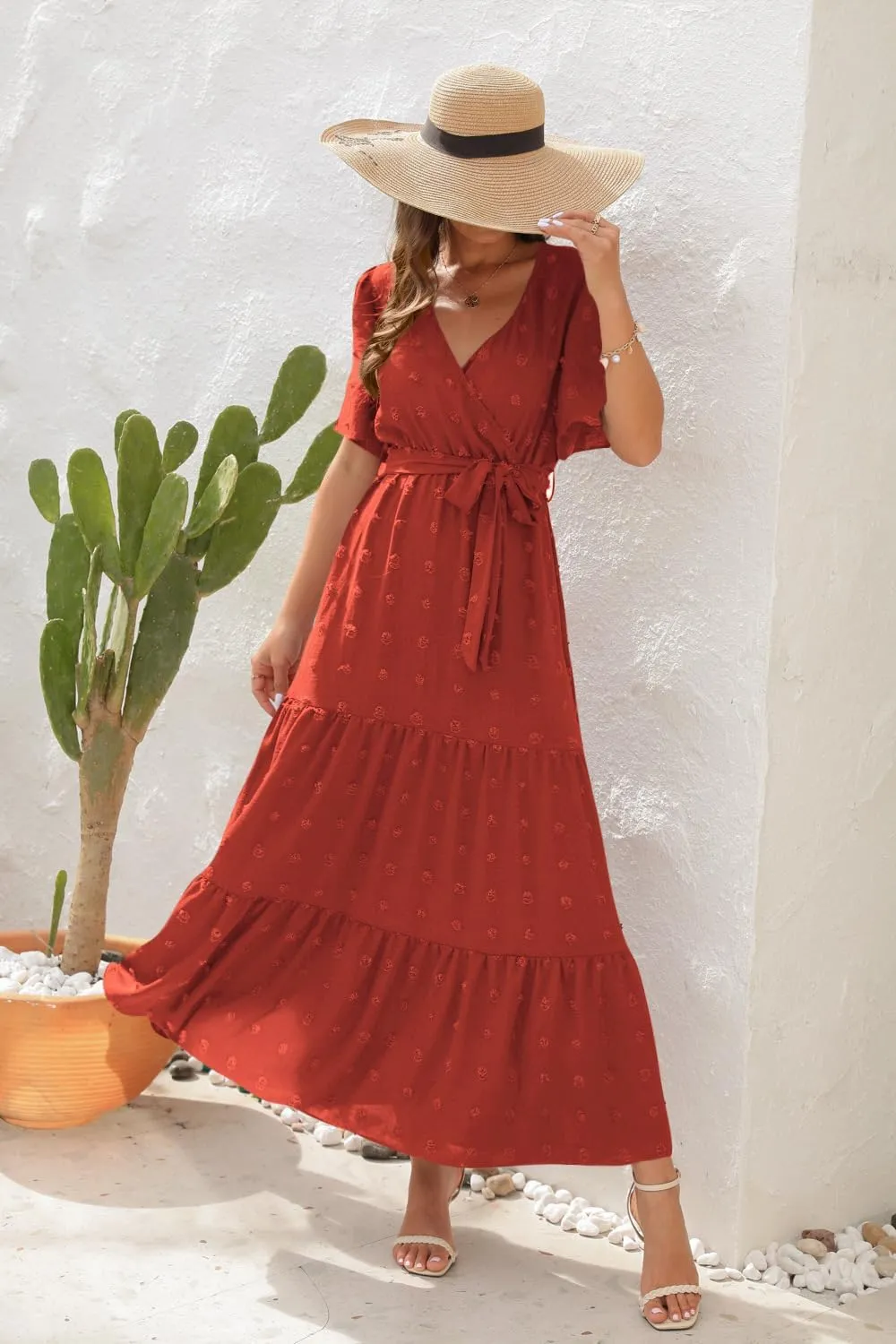 Women's Summer Boho Swiss Dot Maxi Dress Short Sleeve Wrap V Neck A Line Tiered Flowy Long Dress with Belt