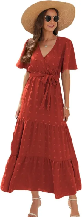 Women's Summer Boho Swiss Dot Maxi Dress Short Sleeve Wrap V Neck A Line Tiered Flowy Long Dress with Belt