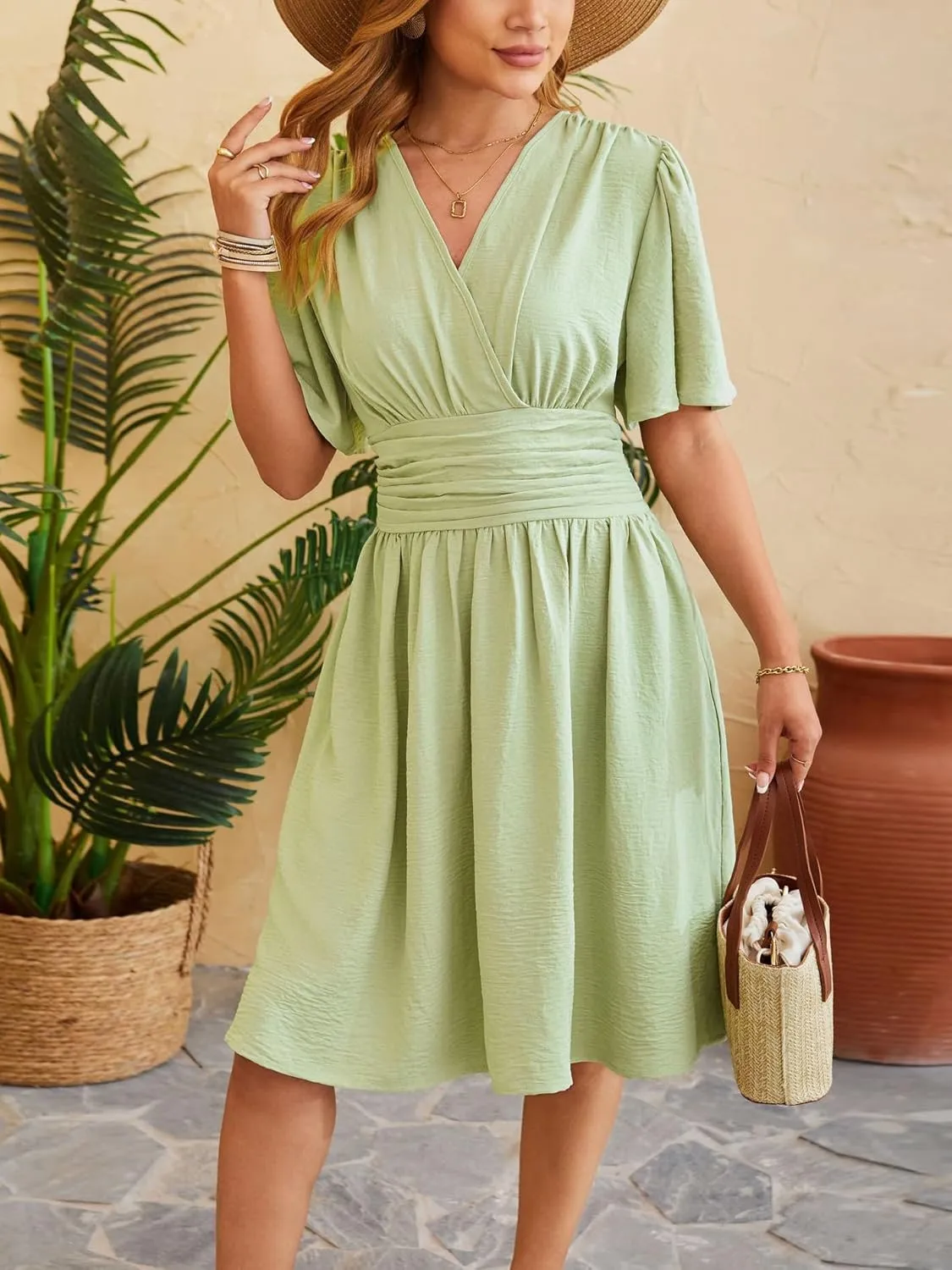Women's Summer Ruched Wrap Dress Short Flare Sleeve V Neck Dresses Casual Midi Sundresses