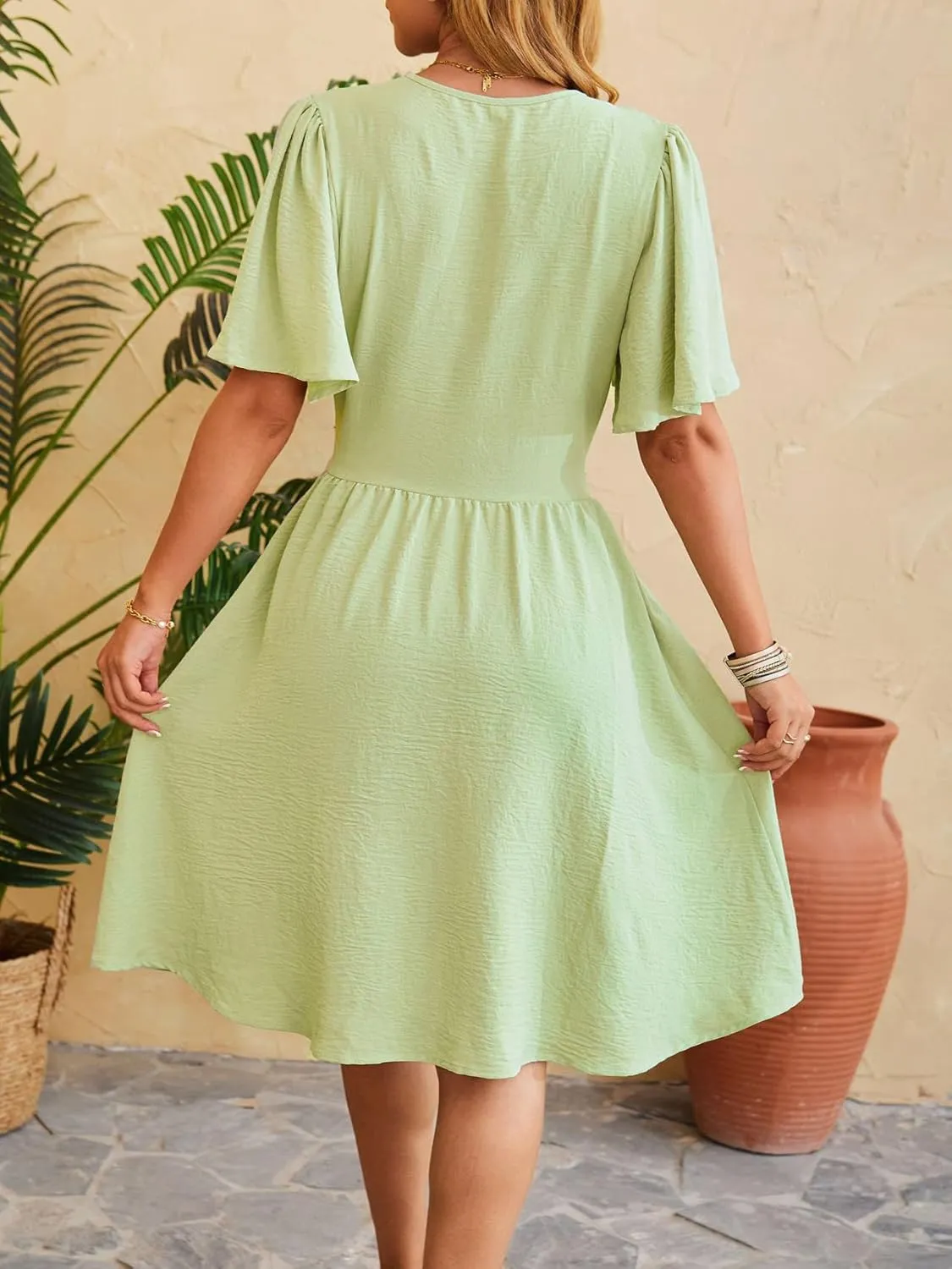 Women's Summer Ruched Wrap Dress Short Flare Sleeve V Neck Dresses Casual Midi Sundresses
