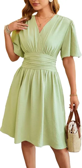 Women's Summer Ruched Wrap Dress Short Flare Sleeve V Neck Dresses Casual Midi Sundresses