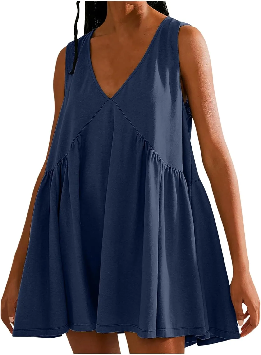 Womens Summer Sleeveless Mini Dress Casual V Neck Loose Swing Flowy Pleated Dresses Beach Sundress with Pockets