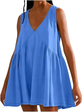 Womens Summer Sleeveless Mini Dress Casual V Neck Loose Swing Flowy Pleated Dresses Beach Sundress with Pockets