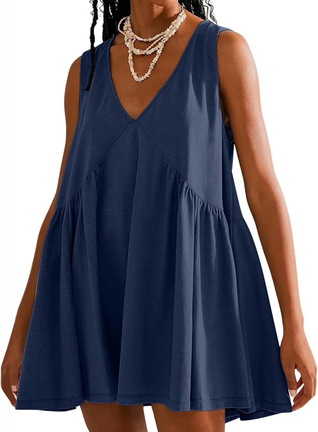 Womens Summer Sleeveless Mini Dress Casual V Neck Loose Swing Flowy Pleated Dresses Beach Sundress with Pockets