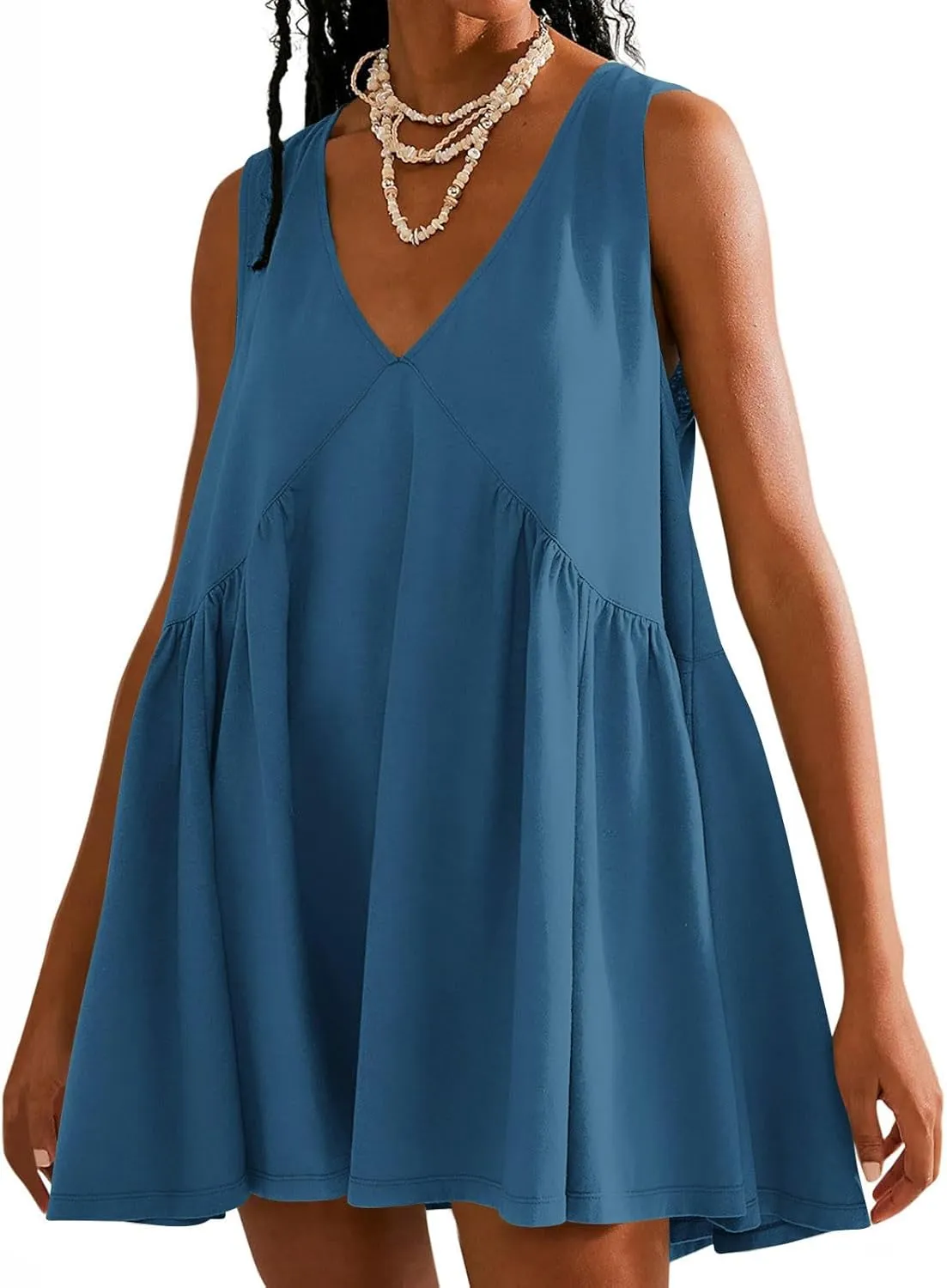 Womens Summer Sleeveless Mini Dress Casual V Neck Loose Swing Flowy Pleated Dresses Beach Sundress with Pockets