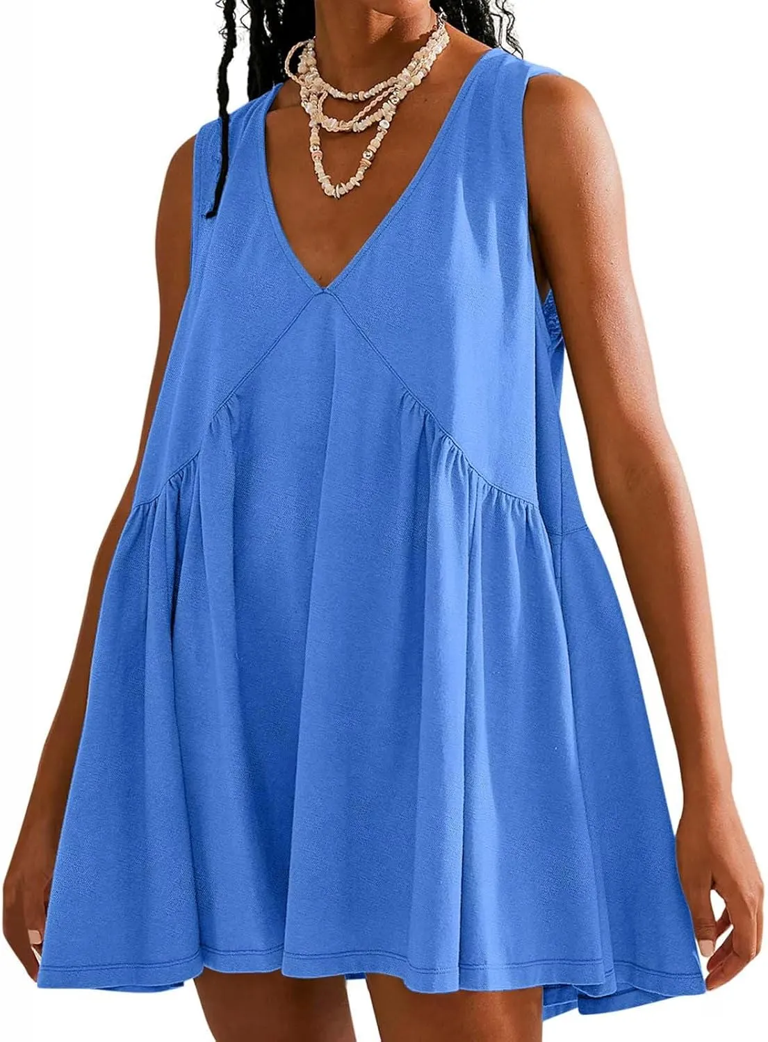 Womens Summer Sleeveless Mini Dress Casual V Neck Loose Swing Flowy Pleated Dresses Beach Sundress with Pockets