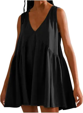 Womens Summer Sleeveless Mini Dress Casual V Neck Loose Swing Flowy Pleated Dresses Beach Sundress with Pockets