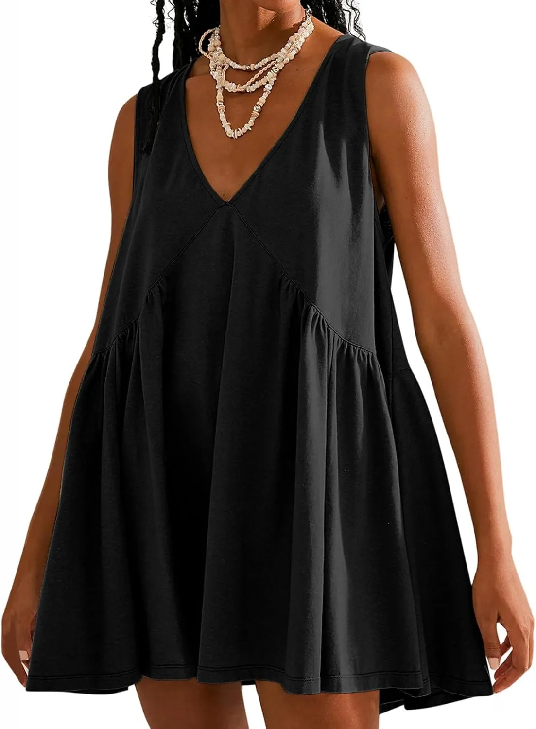 Womens Summer Sleeveless Mini Dress Casual V Neck Loose Swing Flowy Pleated Dresses Beach Sundress with Pockets