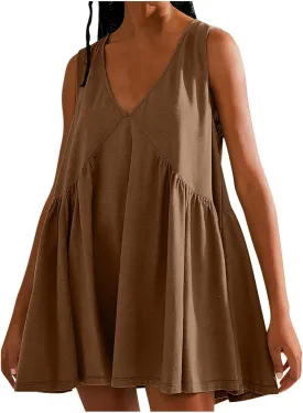 Womens Summer Sleeveless Mini Dress Casual V Neck Loose Swing Flowy Pleated Dresses Beach Sundress with Pockets