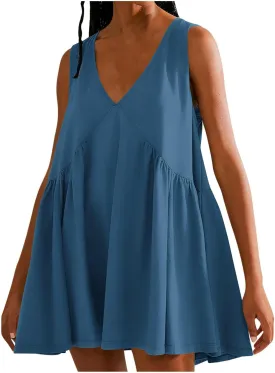 Womens Summer Sleeveless Mini Dress Casual V Neck Loose Swing Flowy Pleated Dresses Beach Sundress with Pockets