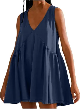 Womens Summer Sleeveless Mini Dress Casual V Neck Loose Swing Flowy Pleated Dresses Beach Sundress with Pockets