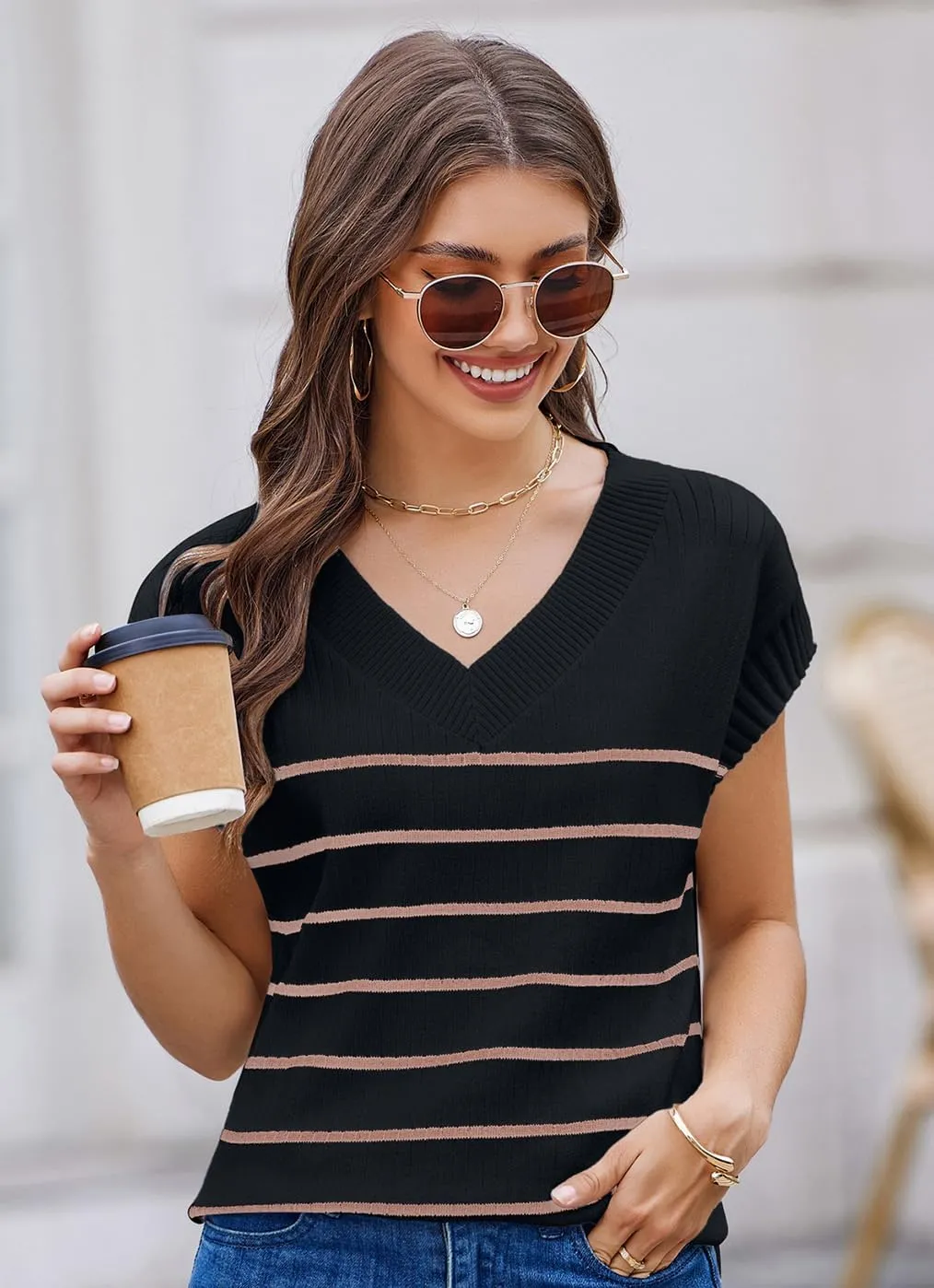 Women's Sweater Vests V Neck Casual Ribbed Knit Sleeveless Sweater Tops Oversized Sweater Vest for Women