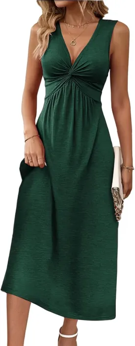 Women's V Neck Front Knotted Dresses Summer Sleeveless A Line Sundress Beach Party Vacasion Dress Outfits