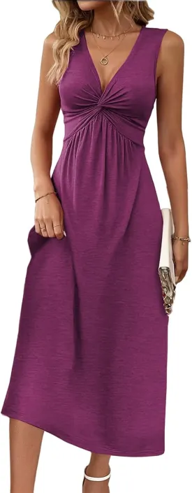 Women's V Neck Front Knotted Dresses Summer Sleeveless A Line Sundress Beach Party Vacasion Dress Outfits