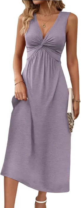 Women's V Neck Front Knotted Dresses Summer Sleeveless A Line Sundress Beach Party Vacasion Dress Outfits