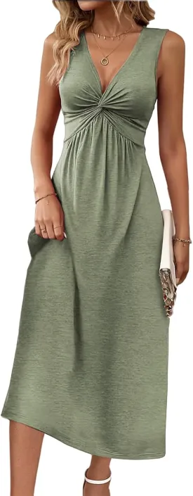 Women's V Neck Front Knotted Dresses Summer Sleeveless A Line Sundress Beach Party Vacasion Dress Outfits