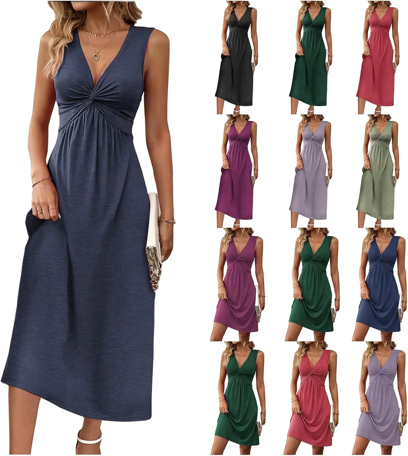 Women's V Neck Front Knotted Dresses Summer Sleeveless A Line Sundress Beach Party Vacasion Dress Outfits