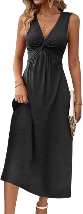 Women's V Neck Front Knotted Dresses Summer Sleeveless A Line Sundress Beach Party Vacasion Dress Outfits
