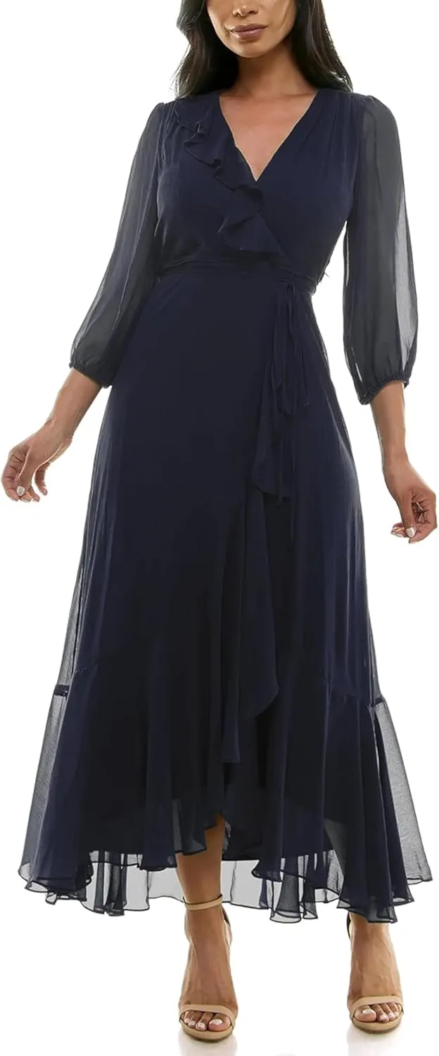 Women's V-Neck Ruffle Faux Wrap Maxi Dress