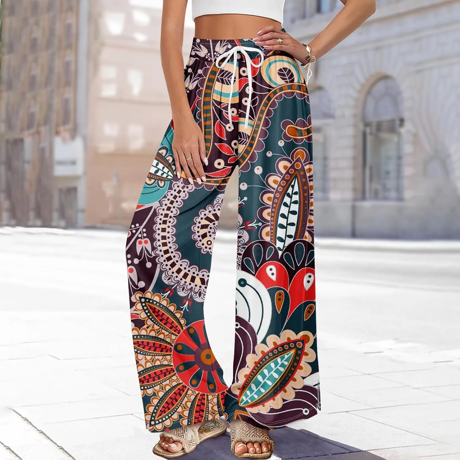Womens Wide Leg Boho Pants High Rise Summer Floral Pants Casual Stretchy Elastic Waist Slit Outfits with Pockets Loose