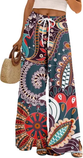 Womens Wide Leg Boho Pants High Rise Summer Floral Pants Casual Stretchy Elastic Waist Slit Outfits with Pockets Loose