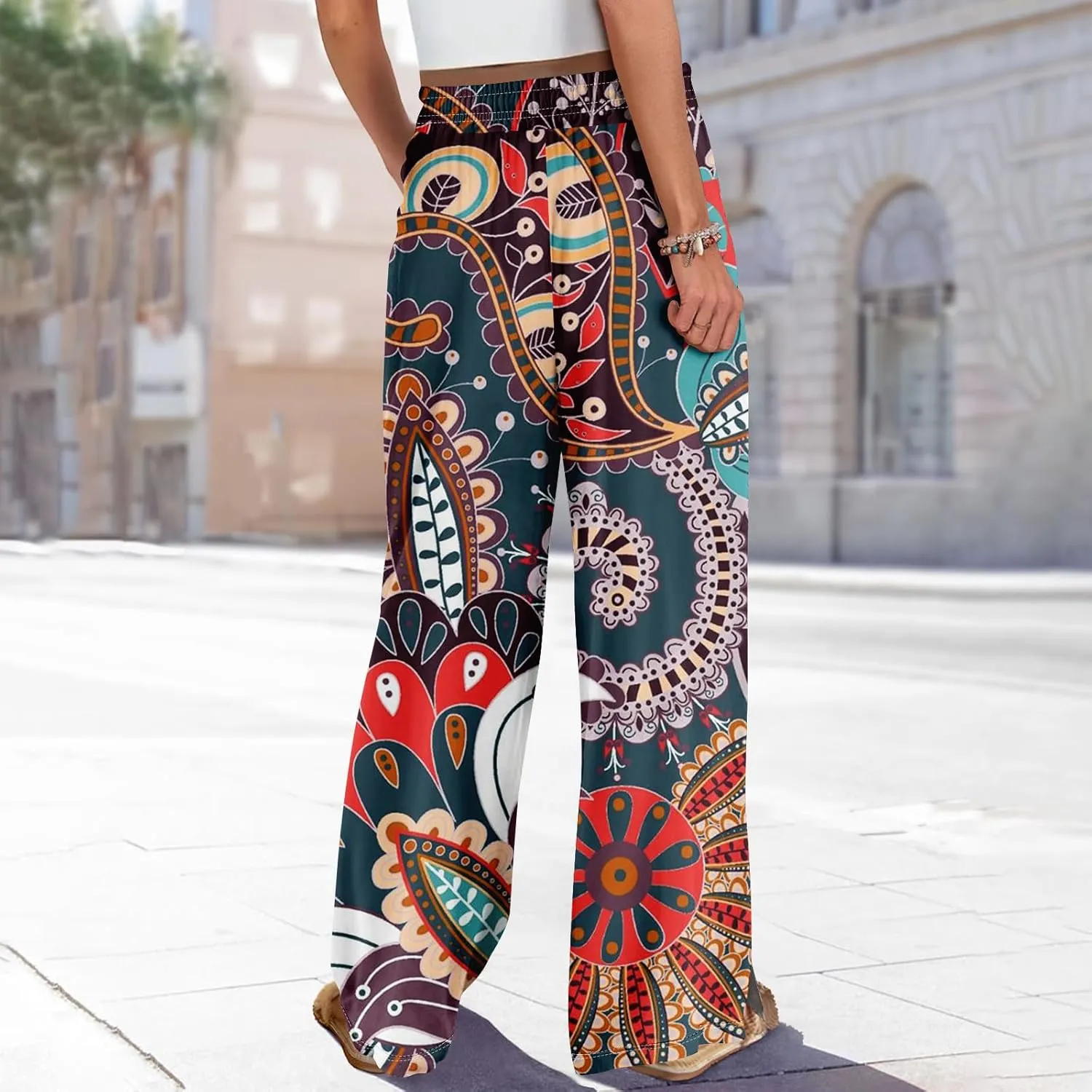 Womens Wide Leg Boho Pants High Rise Summer Floral Pants Casual Stretchy Elastic Waist Slit Outfits with Pockets Loose