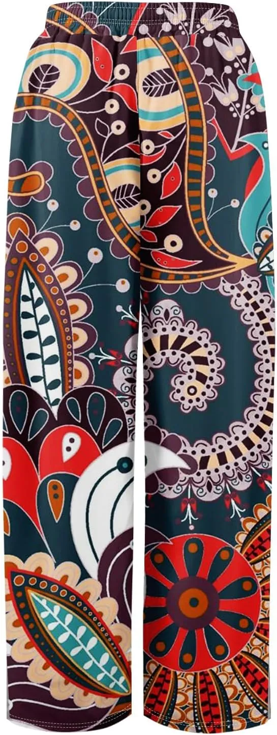 Womens Wide Leg Boho Pants High Rise Summer Floral Pants Casual Stretchy Elastic Waist Slit Outfits with Pockets Loose