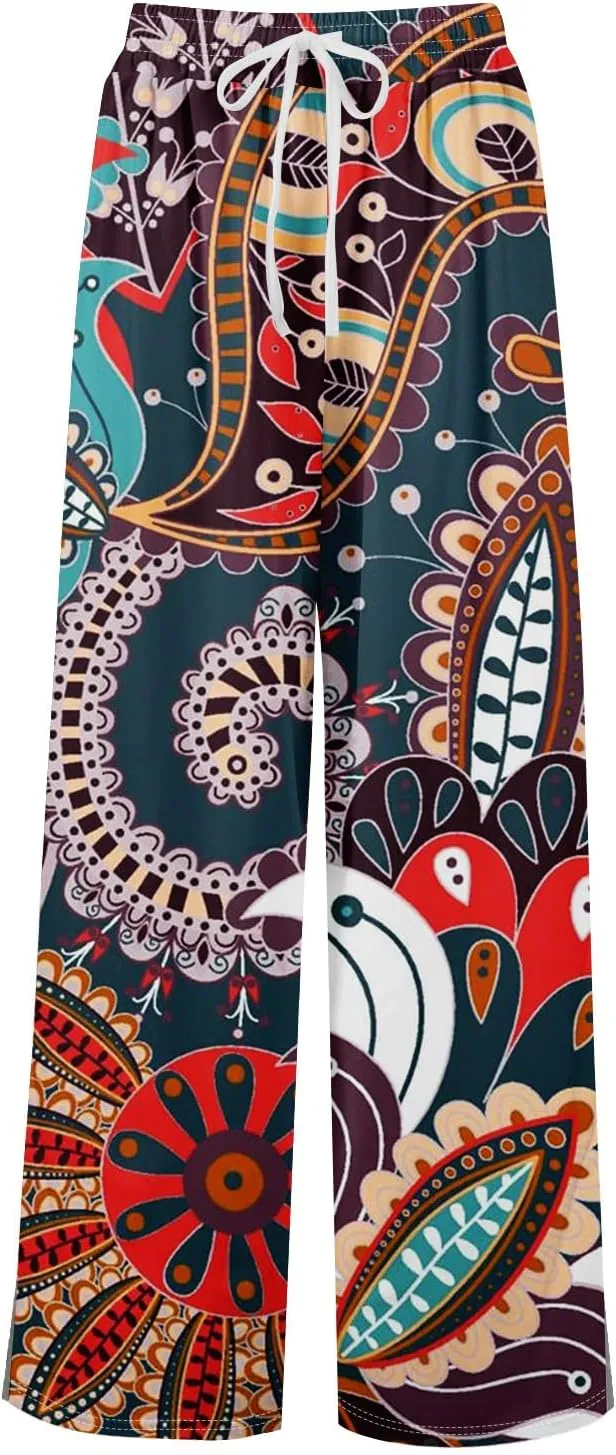 Womens Wide Leg Boho Pants High Rise Summer Floral Pants Casual Stretchy Elastic Waist Slit Outfits with Pockets Loose