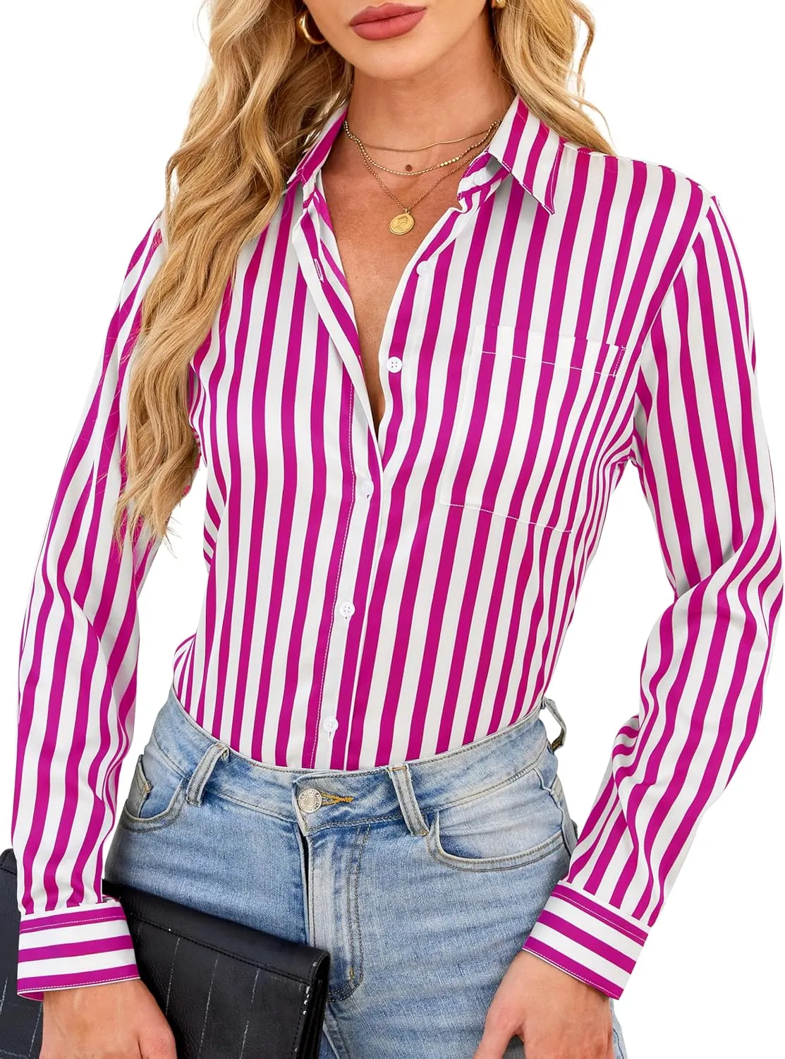Wrinkle-Resistant Women Silky Button Down Shirts 2025 Fashion Printed Long Sleeve Blouse Dressy Casual Tops
