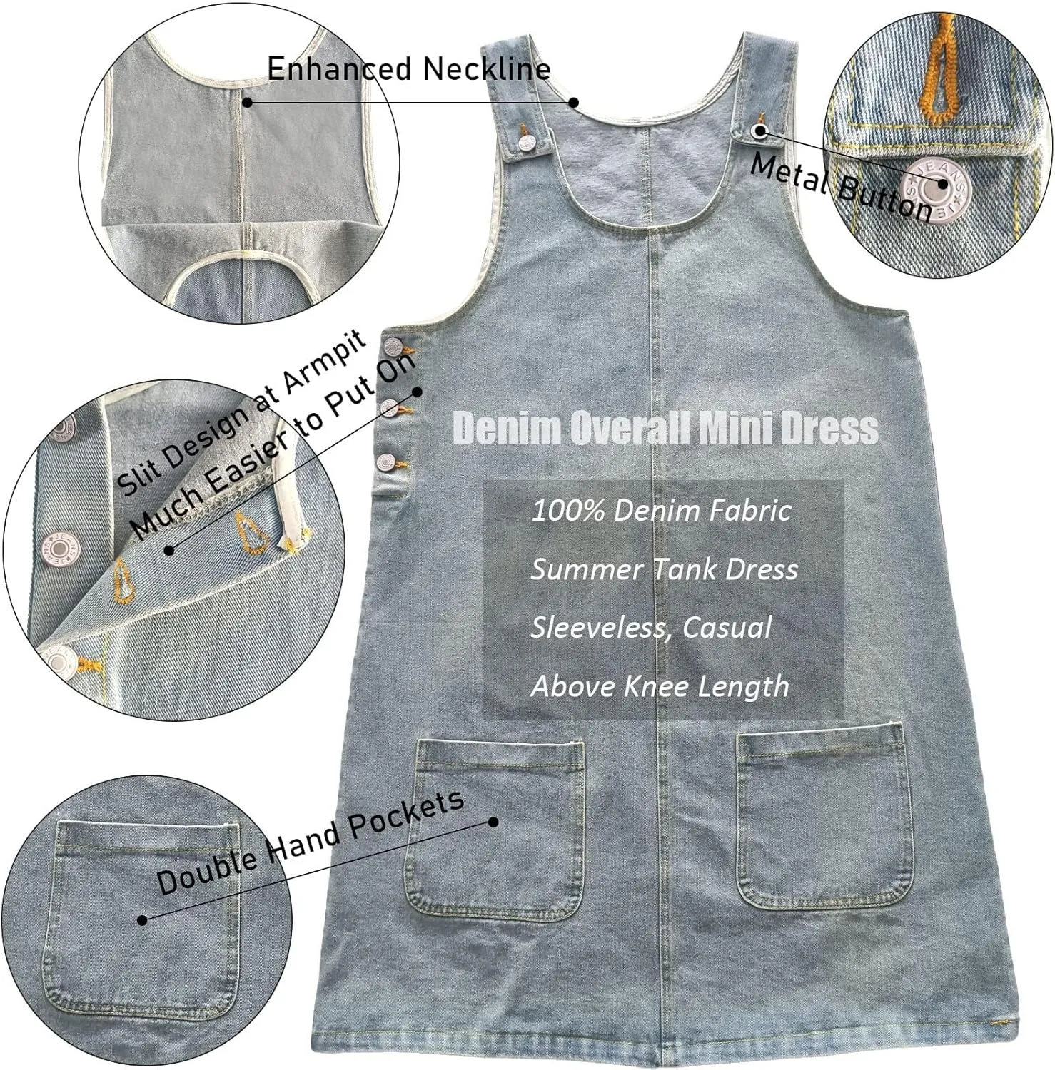 Xaspee Denim Overall Dress for Women Casual Mini Sleeveless Jean Vintage Jumper Skirt Dress with Pockets