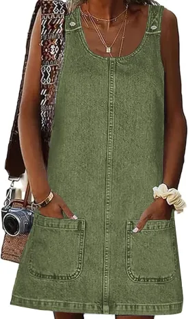 Xaspee Denim Overall Dress for Women Casual Mini Sleeveless Jean Vintage Jumper Skirt Dress with Pockets