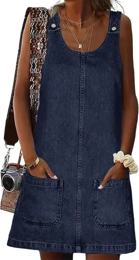 Xaspee Denim Overall Dress for Women Casual Mini Sleeveless Jean Vintage Jumper Skirt Dress with Pockets