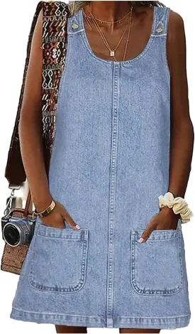 Xaspee Denim Overall Dress for Women Casual Mini Sleeveless Jean Vintage Jumper Skirt Dress with Pockets