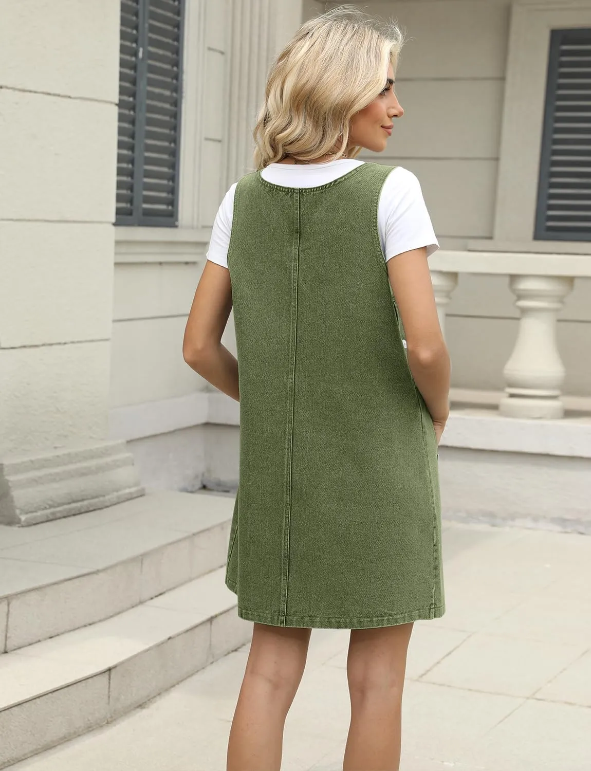 Xaspee Denim Overall Dress for Women Casual Mini Sleeveless Jean Vintage Jumper Skirt Dress with Pockets