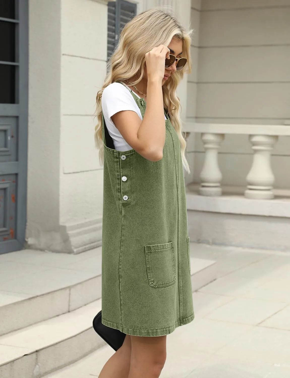 Xaspee Denim Overall Dress for Women Casual Mini Sleeveless Jean Vintage Jumper Skirt Dress with Pockets