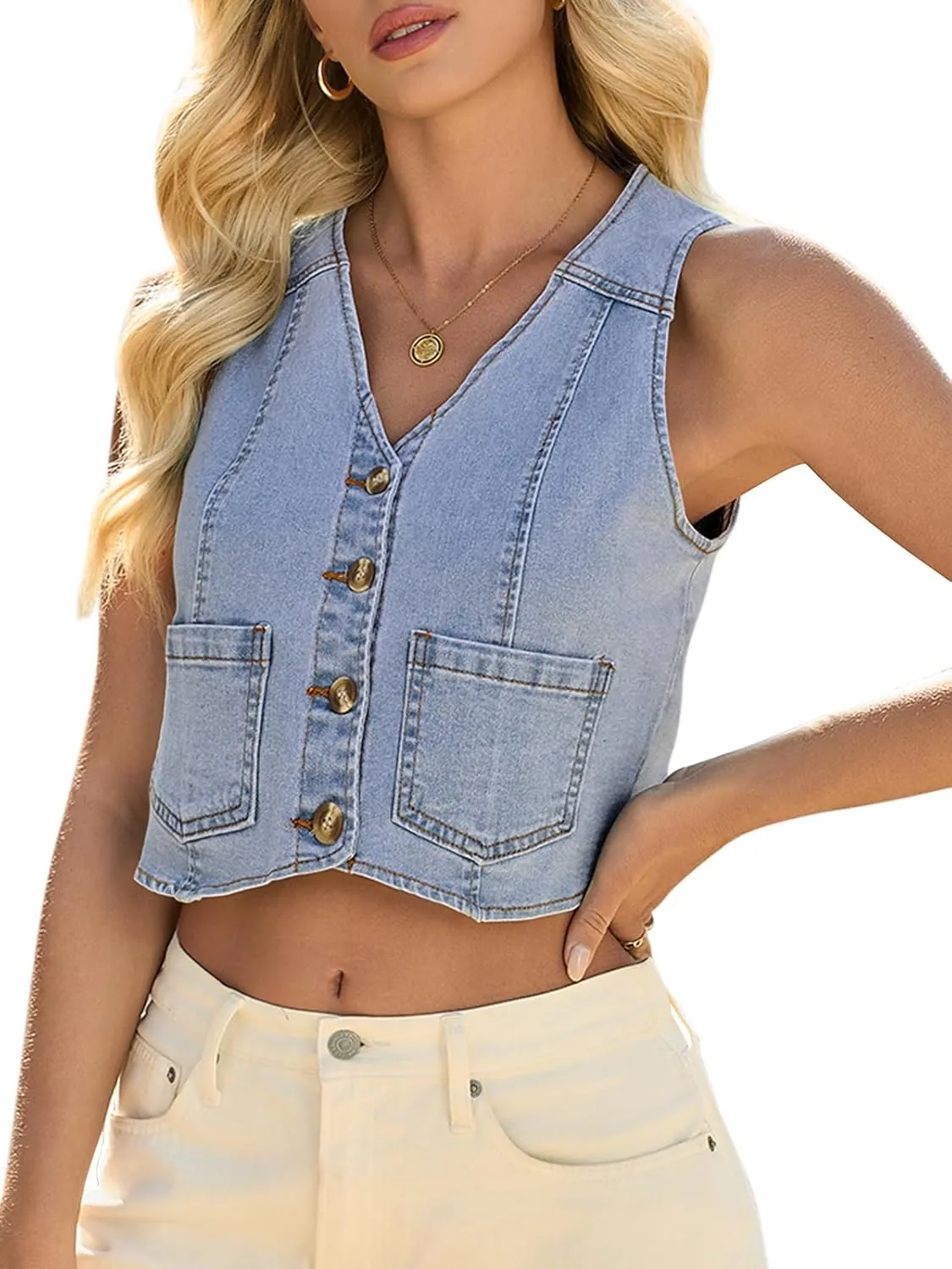 Yousify Women's Summer Tops Denim Vest Sleeveless V Neck Button Down Jean Y2k Crop Jacket With Pocket