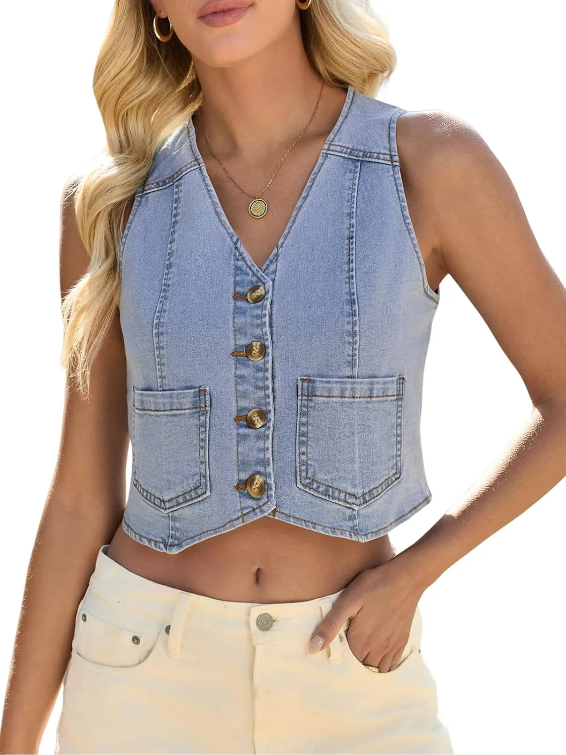 Yousify Women's Summer Tops Denim Vest Sleeveless V Neck Button Down Jean Y2k Crop Jacket With Pocket