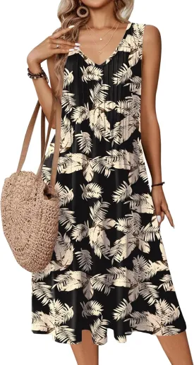 Zeagoo Women Summer Casual Dress 2025 Sleeveless Midi Swing Tank Sundress with Pockets V Neck A Line Pleated Tshirt Dress
