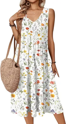 Zeagoo Women Summer Casual Dress 2025 Sleeveless Midi Swing Tank Sundress with Pockets V Neck A Line Pleated Tshirt Dress