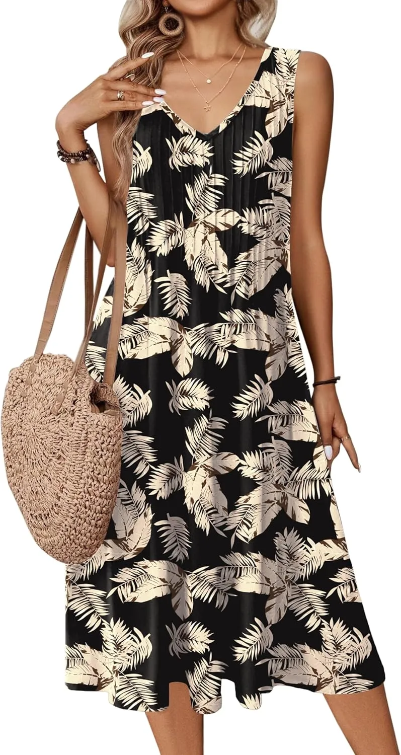 Zeagoo Women Summer Casual Dress 2025 Sleeveless Midi Swing Tank Sundress with Pockets V Neck A Line Pleated Tshirt Dress