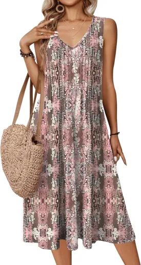 Zeagoo Women Summer Casual Dress 2025 Sleeveless Midi Swing Tank Sundress with Pockets V Neck A Line Pleated Tshirt Dress