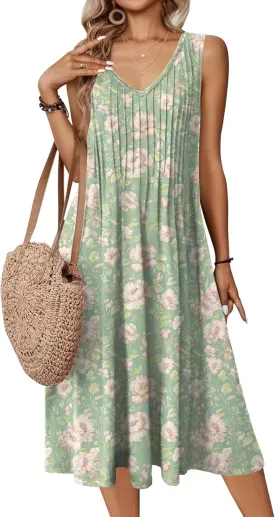 Zeagoo Women Summer Casual Dress 2025 Sleeveless Midi Swing Tank Sundress with Pockets V Neck A Line Pleated Tshirt Dress