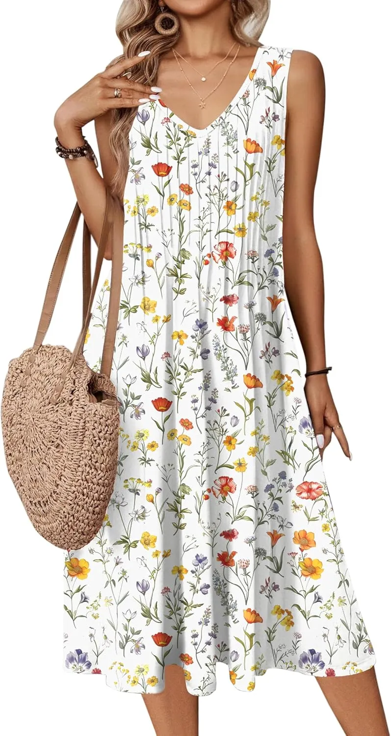 Zeagoo Women Summer Casual Dress 2025 Sleeveless Midi Swing Tank Sundress with Pockets V Neck A Line Pleated Tshirt Dress