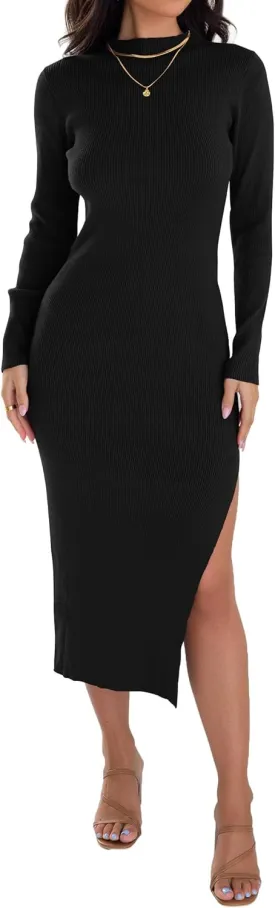 ZESICA Women's 2025 Ribbed Knit Dress Long Sleeve Mock Neck Slim Fit Side Slit Spring Elegant Sweater Dresses