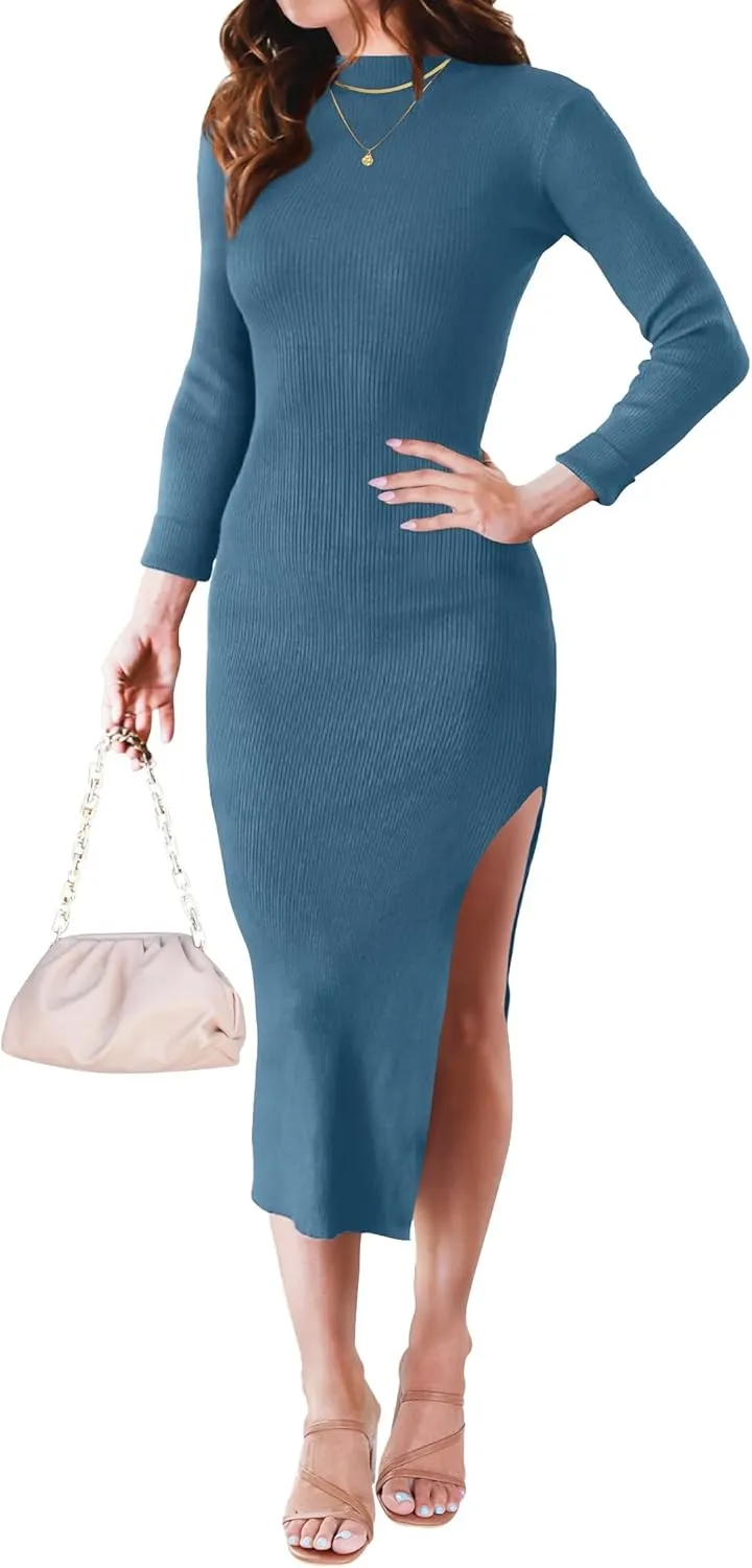 ZESICA Women's 2025 Ribbed Knit Dress Long Sleeve Mock Neck Slim Fit Side Slit Spring Elegant Sweater Dresses